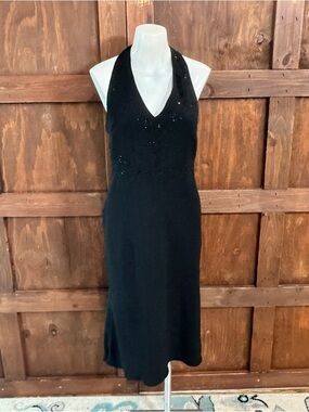 Evan Picone Black Halter V-Neck Beaded Mini Dress